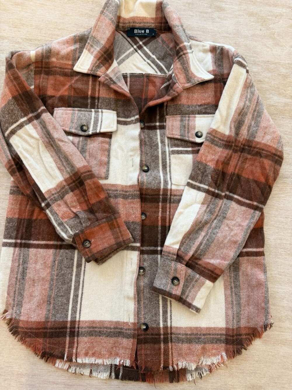 Blue B Collection Plaid Shacket Small Rust Brown Cream Frayed Hem